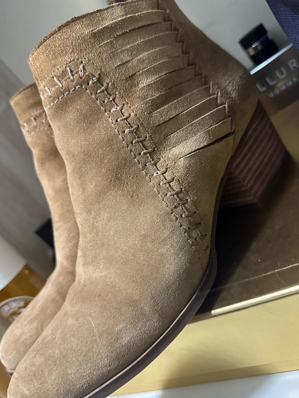 Franco Sarto Tan Suede Fringe Ankle Booties